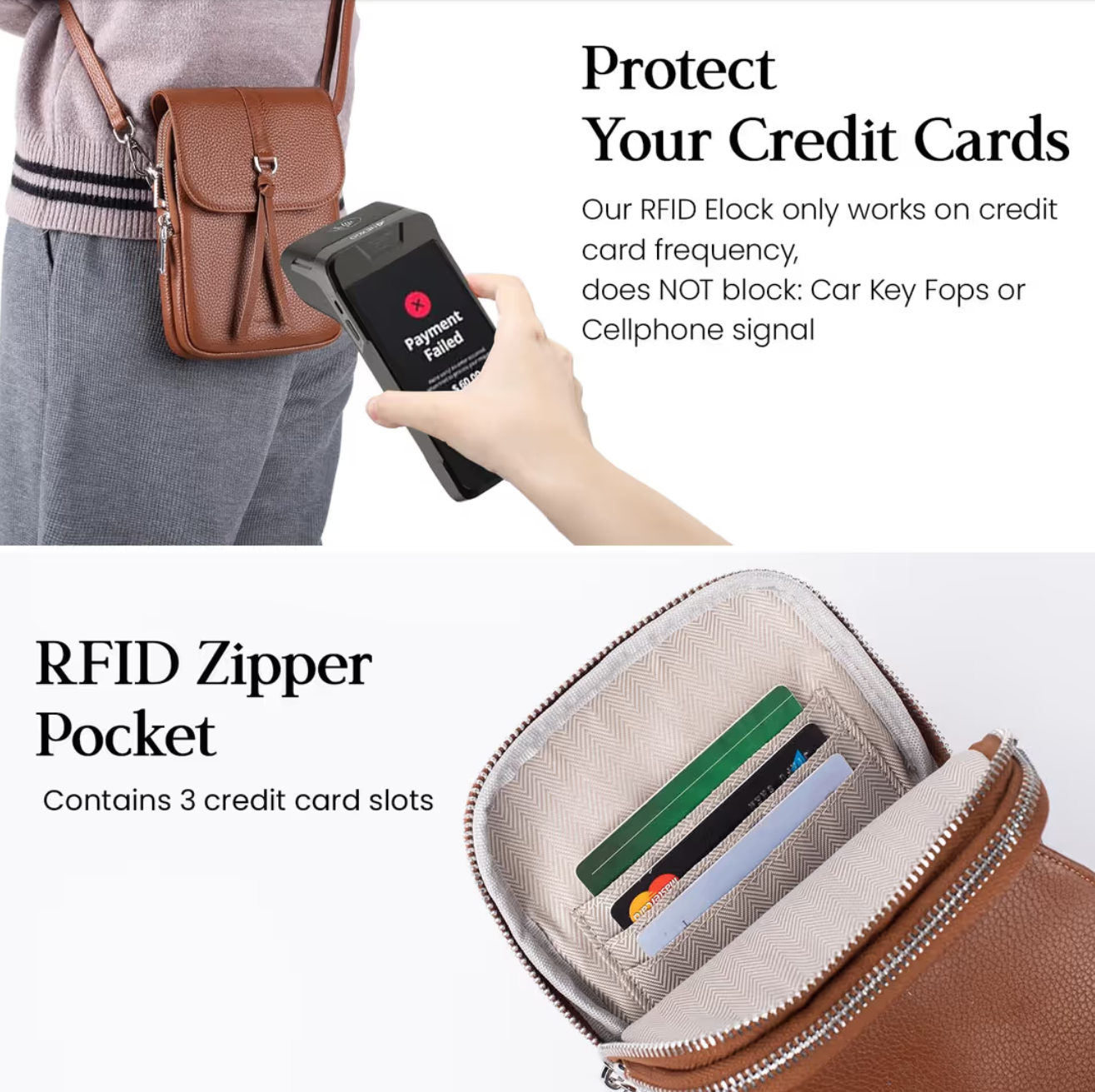 Small Crossbody Bag Genuine Leather RFID Blocking Cell Phone Holder – Brown