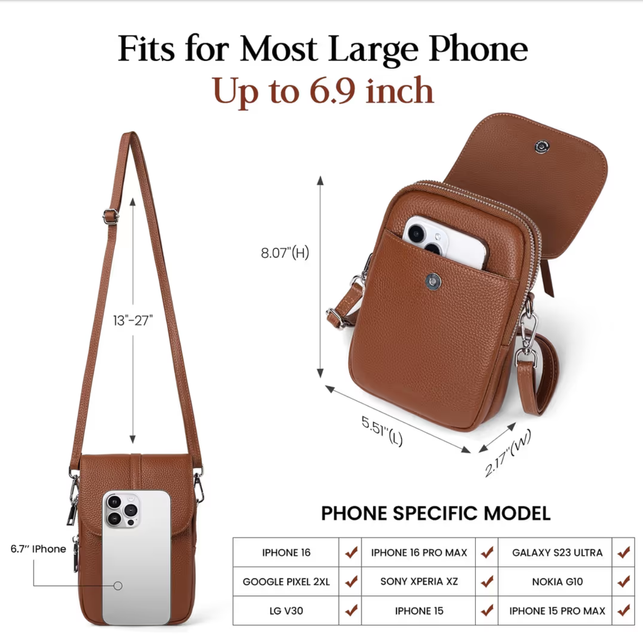 Small Crossbody Bag Genuine Leather RFID Blocking Cell Phone Holder – Brown