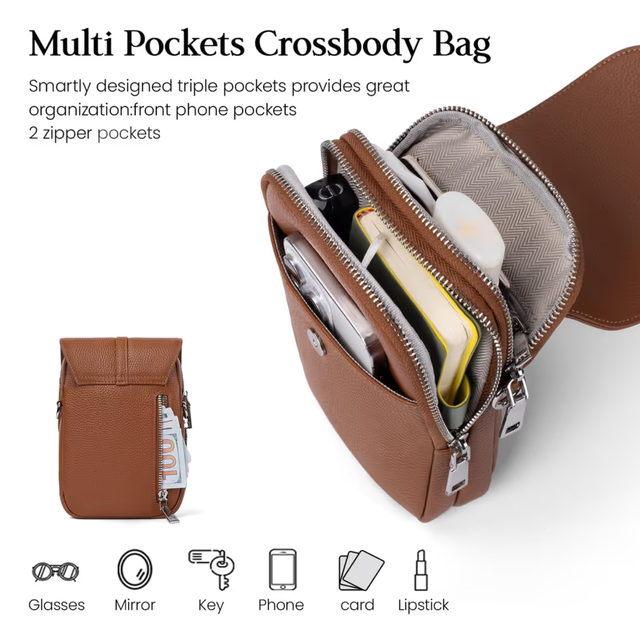 Small Crossbody Bag Genuine Leather RFID Blocking Cell Phone Holder – Brown