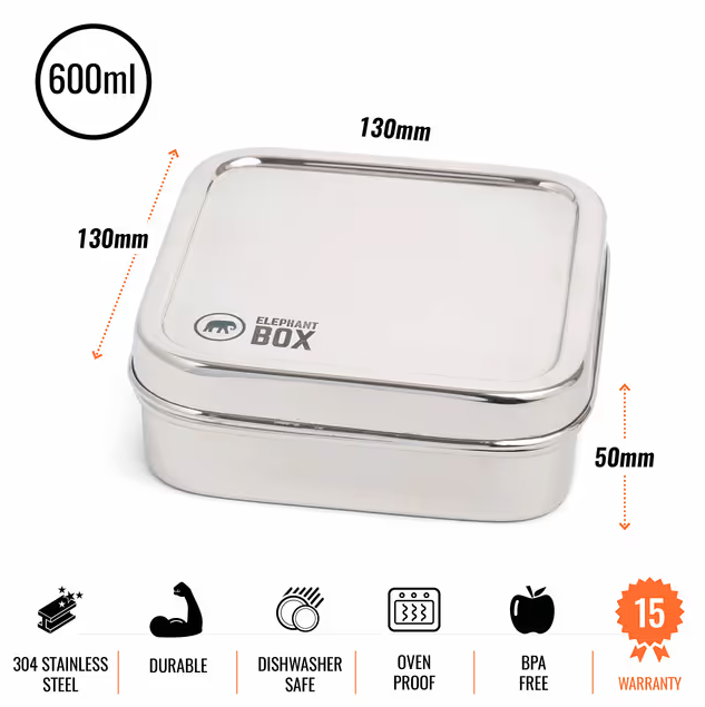Elephant Box Square Stainless Steel Salad Box Eco-Friendly 600ml – Food Storage