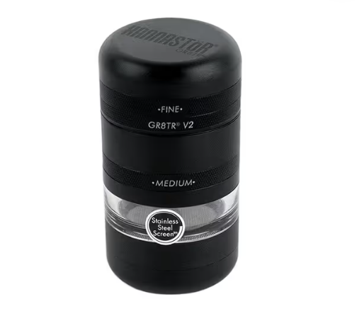 Kannastor GR8TR Herb Grinder Clear Jar Stainless Steel Collector – Black 3.8"H 2.2"D