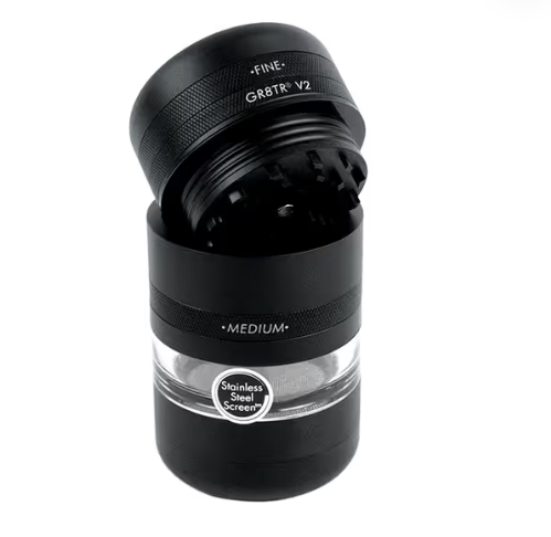 Kannastor GR8TR Herb Grinder Clear Jar Stainless Steel Collector – Black 3.8"H 2.2"D