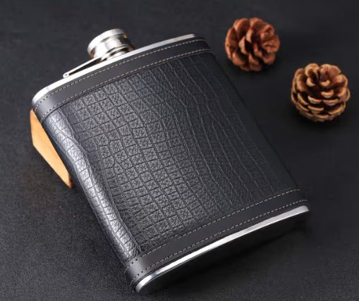 TANEAXON 18 oz Black Stainless Steel Large Capacity Whiskey Flask – Leather Wrapped