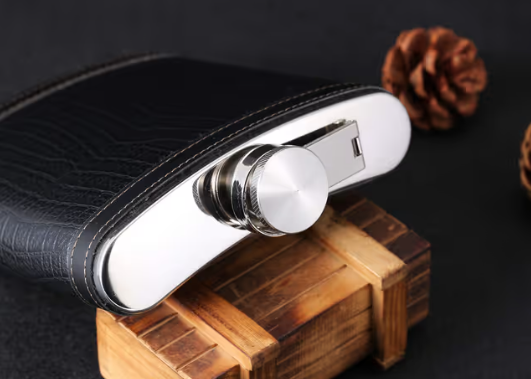 TANEAXON 18 oz Black Stainless Steel Large Capacity Whiskey Flask – Leather Wrapped