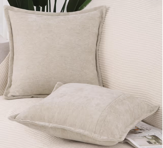 Set of 2 Fringe Chenille Cushion Covers Soft Boho Decorative Pillowcases – Light Taupe 24x24 inch