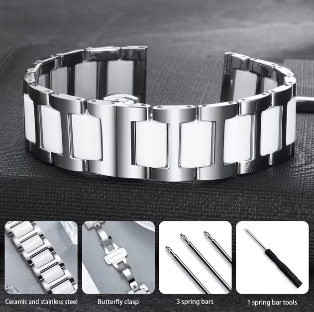 Replacement Watch Band Stainless Steel Ceramic Bracelet – Silver 22mm