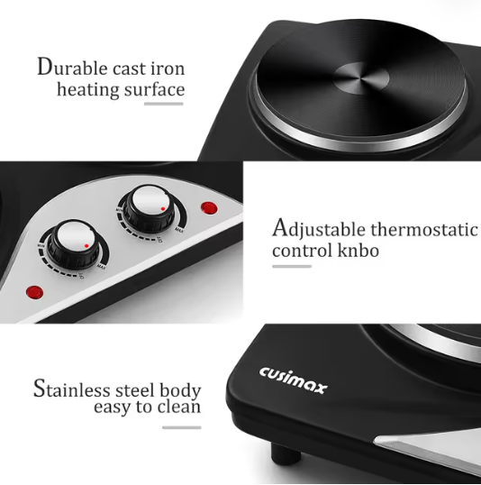 Electric Hot Plates Portable Double Burner Cooktop 2500W – Black Stainless Steel