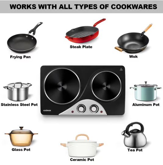 Electric Hot Plates Portable Double Burner Cooktop 2500W – Black Stainless Steel
