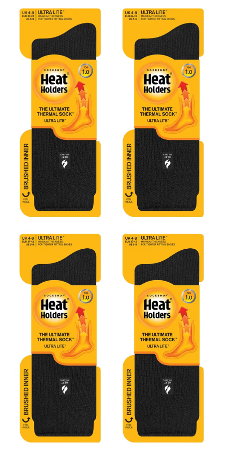 Heat Holders Ultra Lite Ladies Thermal Socks Ultra Thin Warm 4 Pair Multipack – Black UK 4-8