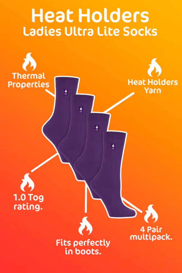 Heat Holders Ultra Lite Ladies Thermal Socks Ultra Thin Warm 4 Pair Multipack – Black UK 4-8