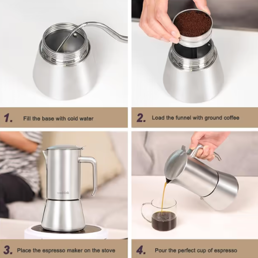 Stovetop Coffee Maker Stainless Steel Moka Pot 6 Cups – Silver