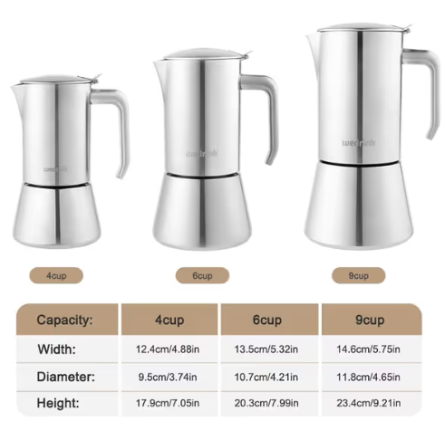 Stovetop Coffee Maker Stainless Steel Moka Pot 6 Cups – Silver