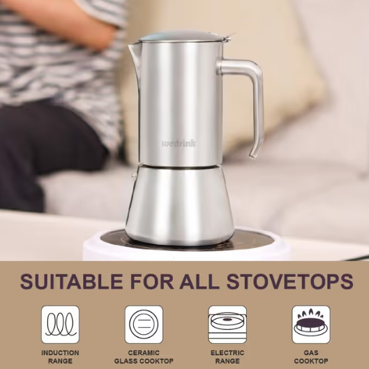 Stovetop Coffee Maker Stainless Steel Moka Pot 6 Cups – Silver