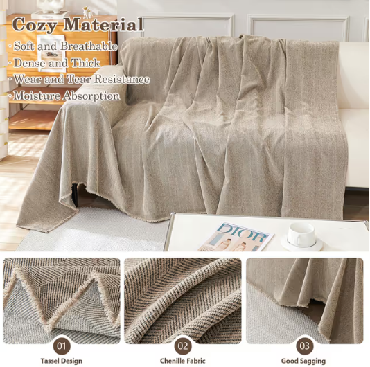 3 Seater Sofa Cover Washable Herringbone Chenille Slipcover – Camel 180x340cm